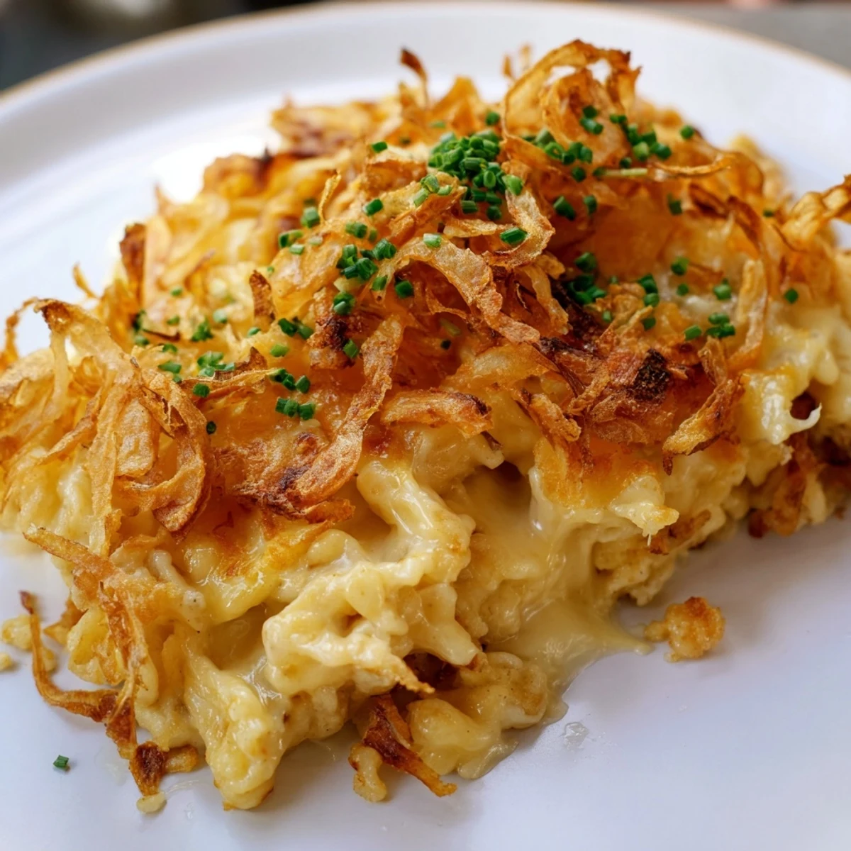 Baked Cheesy Spaetzle Pasta mit goldenen Zwiebeln für ein herzhaftes Abendessen genießen.  