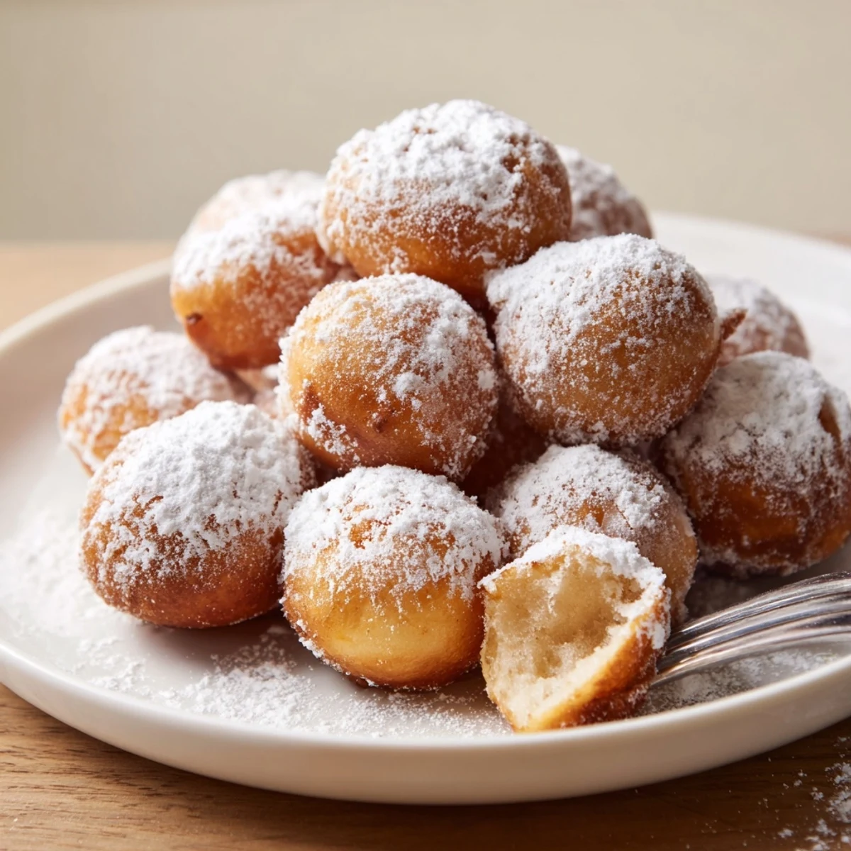 Fluffige Quark-Donut-Bällchen, leicht bestäubt mit Puderzucker und knusprig frittiert.  
