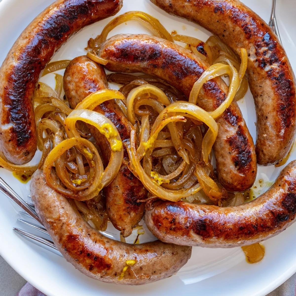 Bratwurst Pfanne Zwiebeln Senf