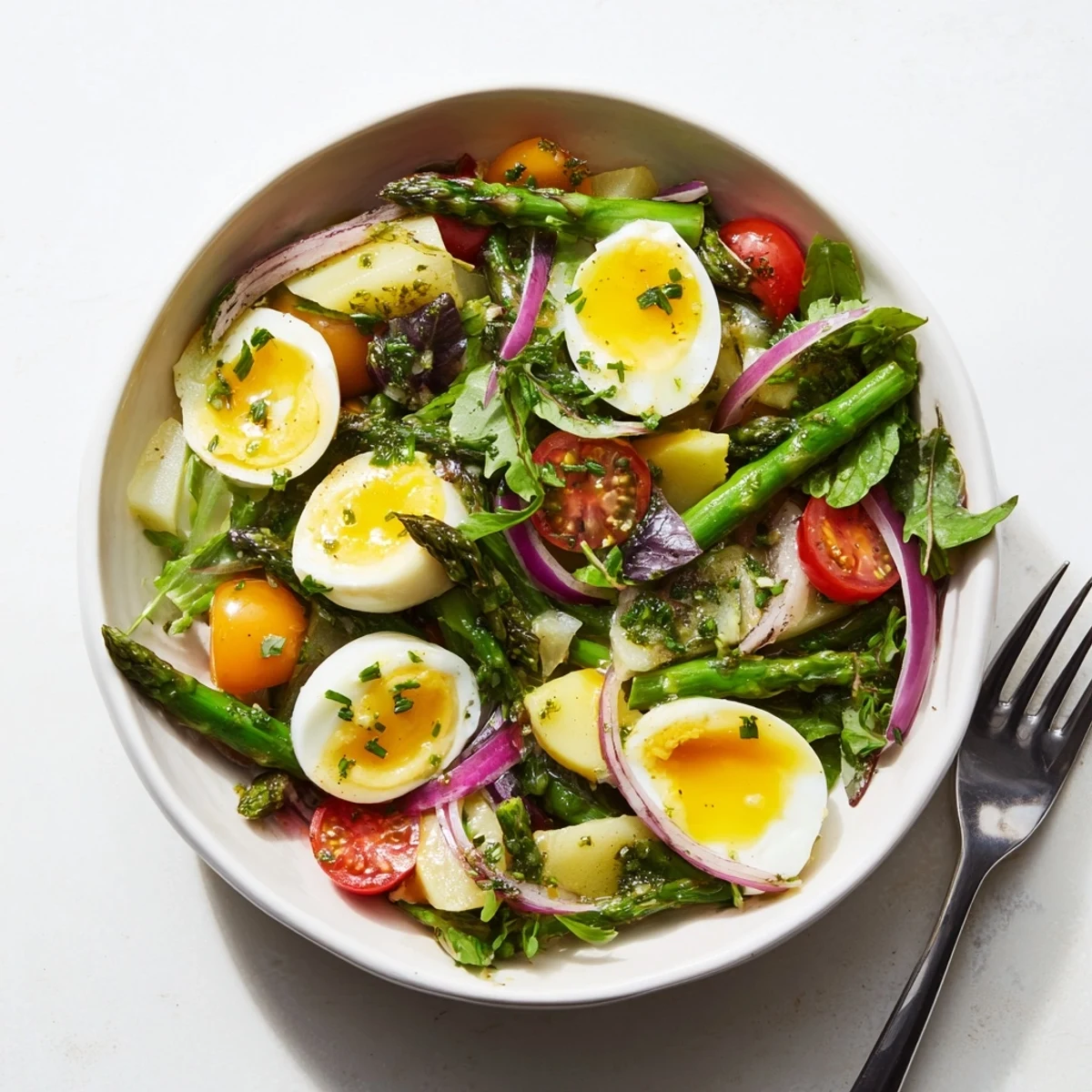 Frischer Spargel und Eiersalat-Bowl mit knackigem Gemüse und würzigem Dressing.