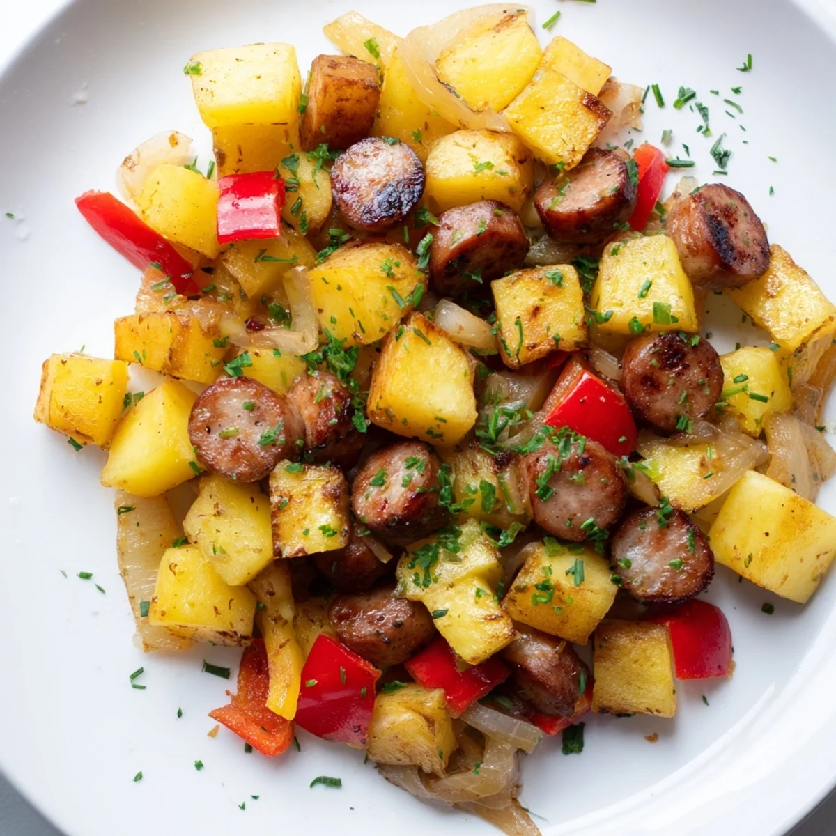 Delicious Breakfast Bratwurst Hash featuring perfectly browned bratwurst, perfect for breakfast.