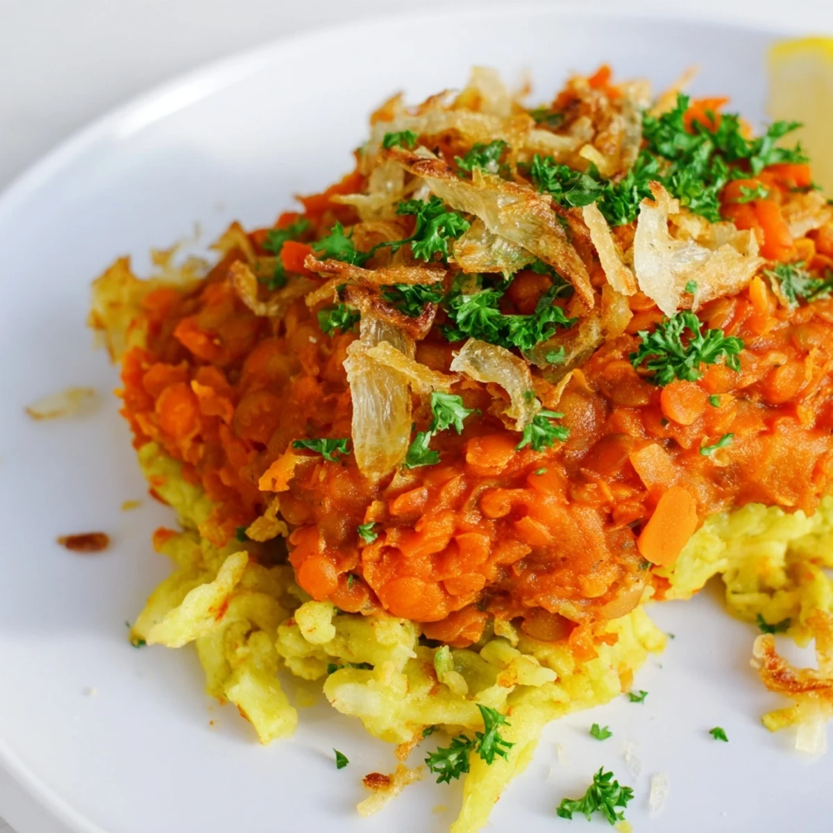 Hearty Vegan German Dahl & Spätzle Bowl: a beautifully assembled bowl, ready to enjoy with a burst of fresh flavor.