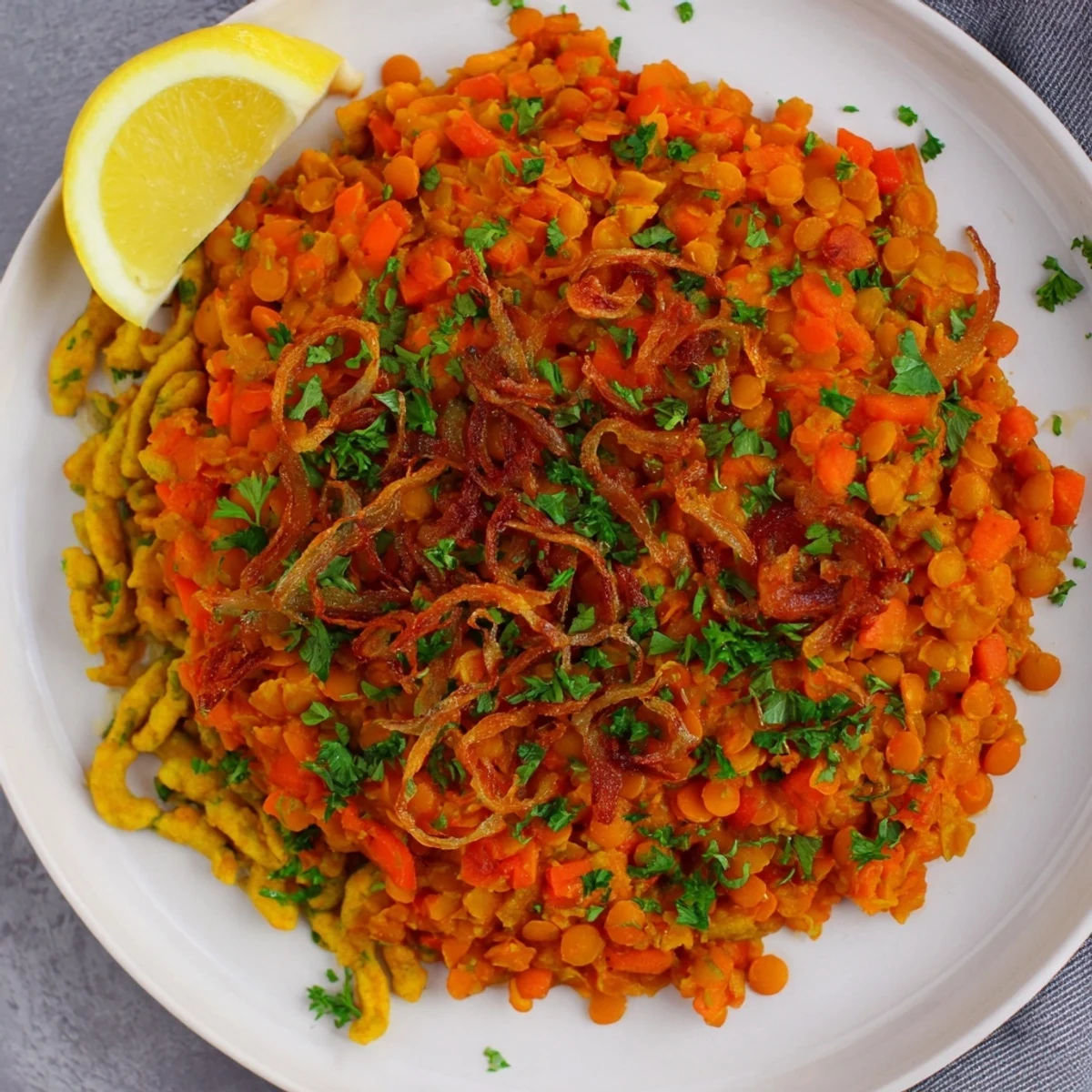 This Vegan German Dahl & Spätzle Bowl features a glistening lentil stew and tender, pillowy homemade spätzle.