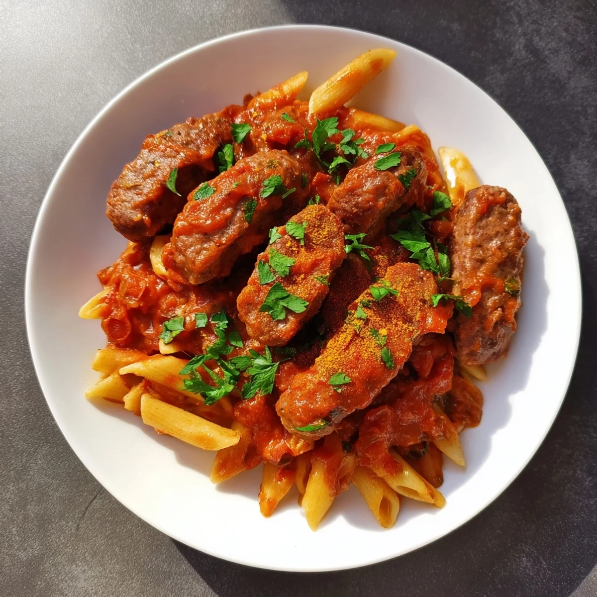 One-pot Currywurst Pasta in a skillet, brimming with sausage, pasta, and vibrant sauce.