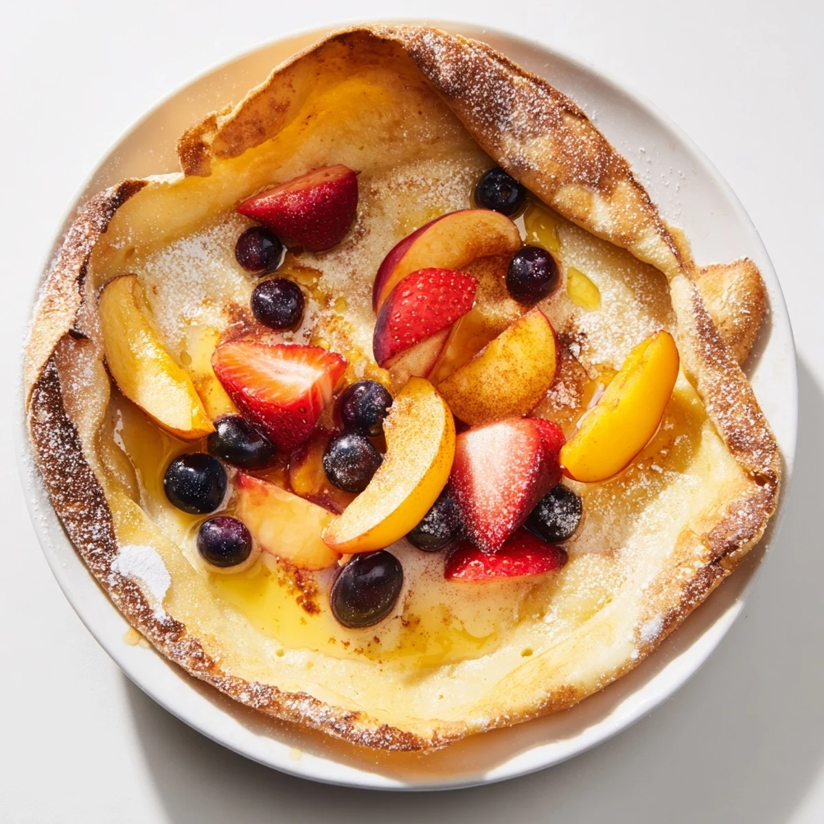 Fluffy Quick German Pancakes topped with fresh berries, drizzled with golden honey, ready to eat.