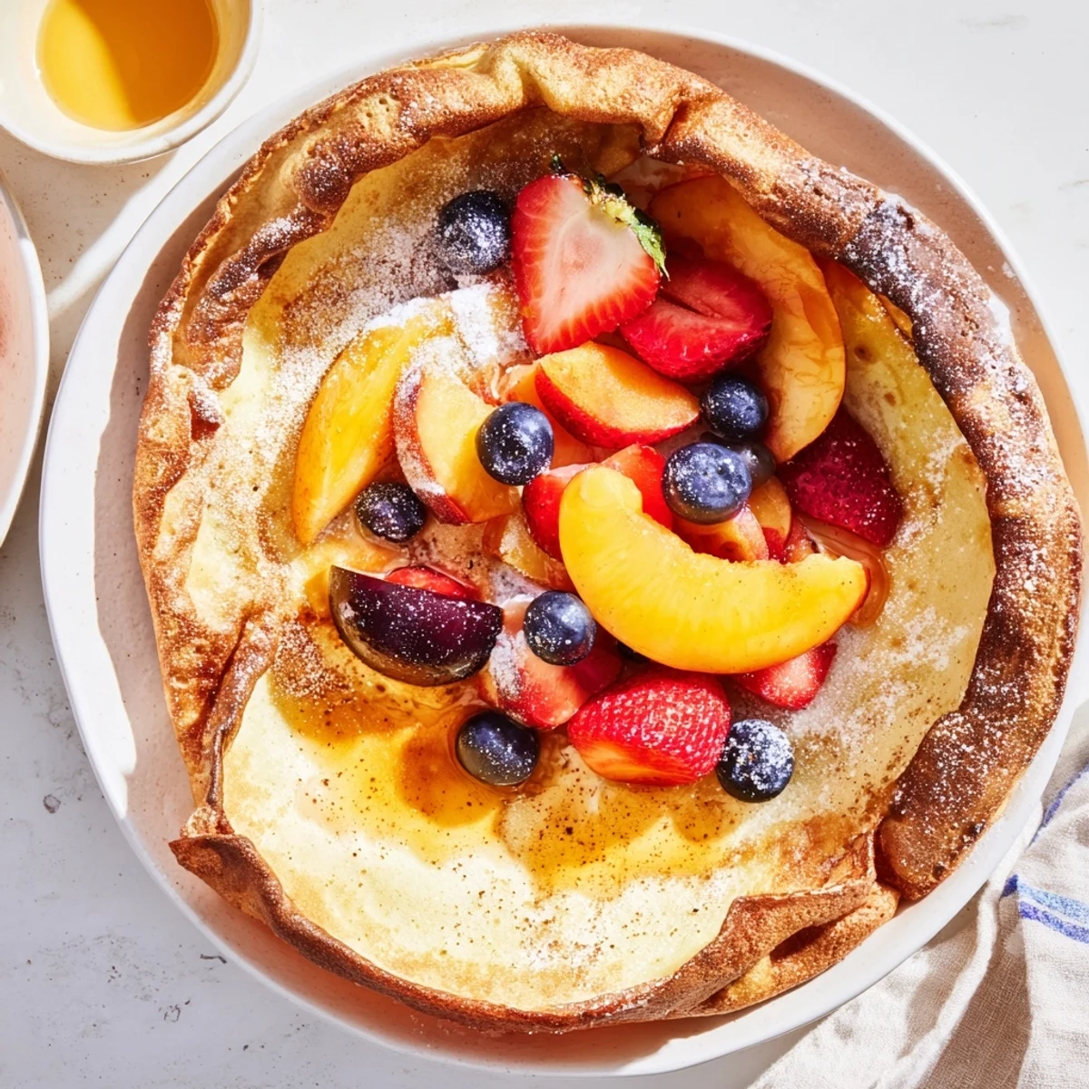 Warm, homemade Quick German Pancakes paired with seasonal fruit and a final honey drizzle.