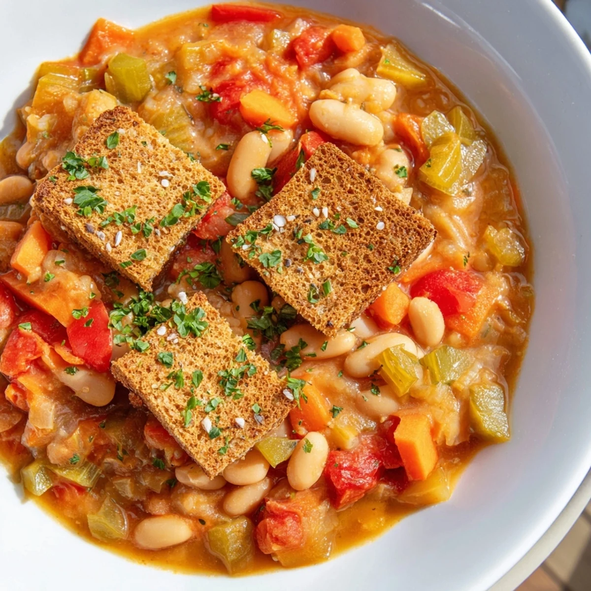 Hearty bowl of Rustic German Bean & Tomato Stew with toasted rye croutons, ready to eat.