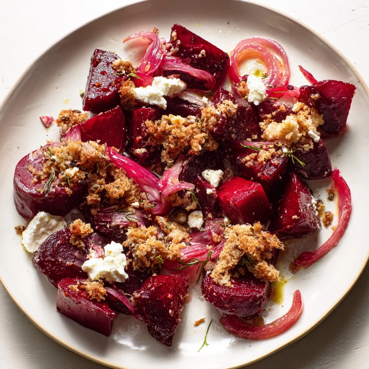 Warm Beet & Caraway Seed Salad with Toasted Rye Breadcrumbs: A colorful plate of roasted beetroot salad with crunchy breadcrumbs.