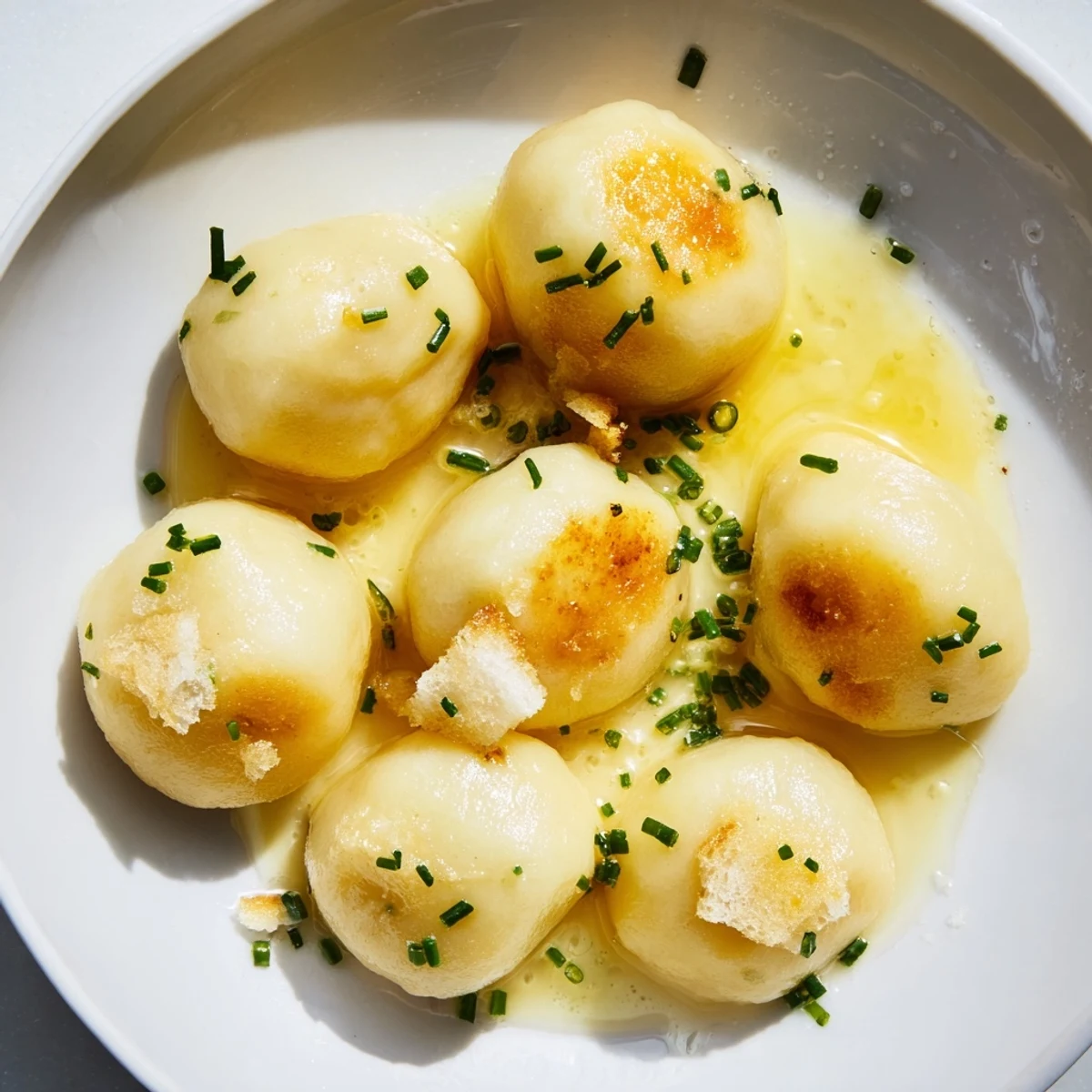 Close-up of freshly made German potato dumplings, perfectly pillowy, seasoned with truffle oil for a treat.