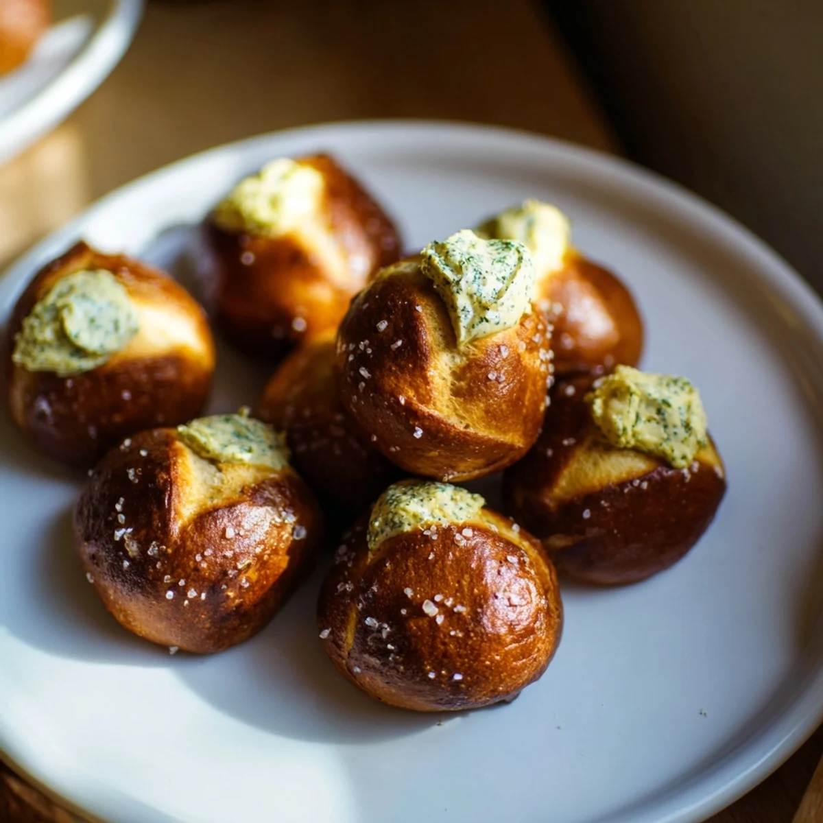 Golden-brown Christmas Market pretzel bites glistening, served with fragrant zaatar butter for dipping.