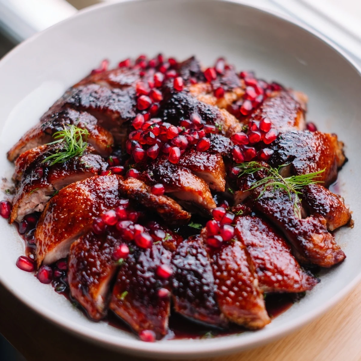Crispy skin on roasted duck breast, drizzled with sweet and tangy pomegranate reduction.