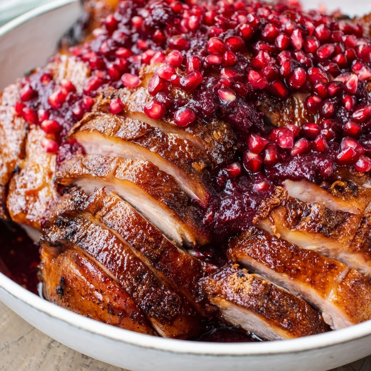Savory and elegant, this plated roasted duck breast is paired with a glistening pomegranate sauce.