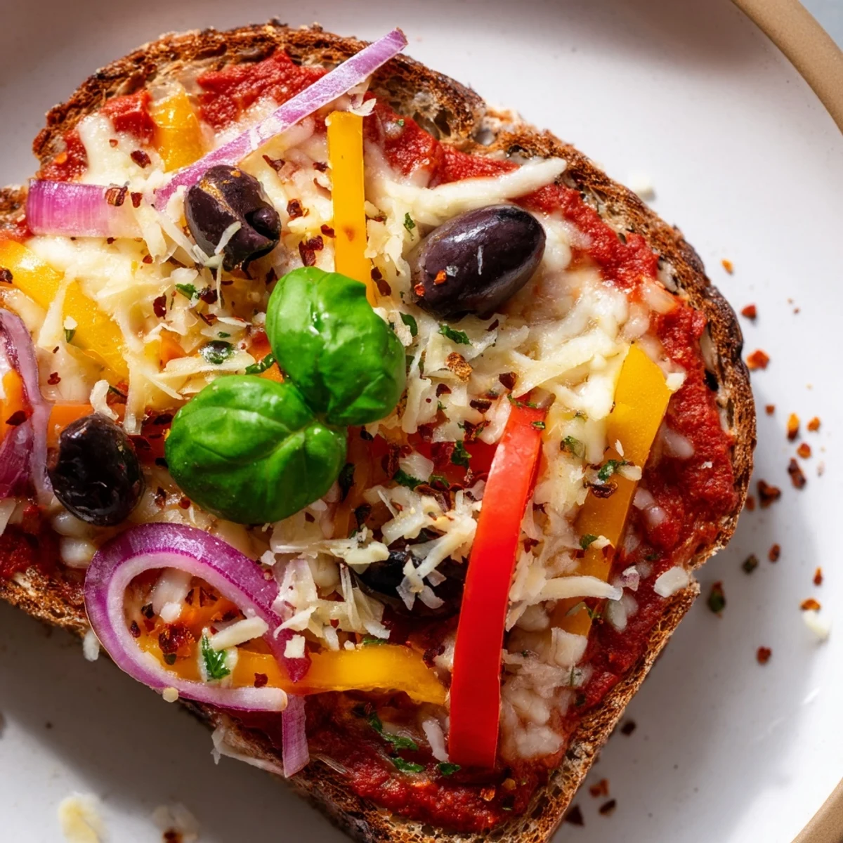 Golden, bubbly Marble Rye Pizza Toast topped with olives, peppers, and savory melted cheese.