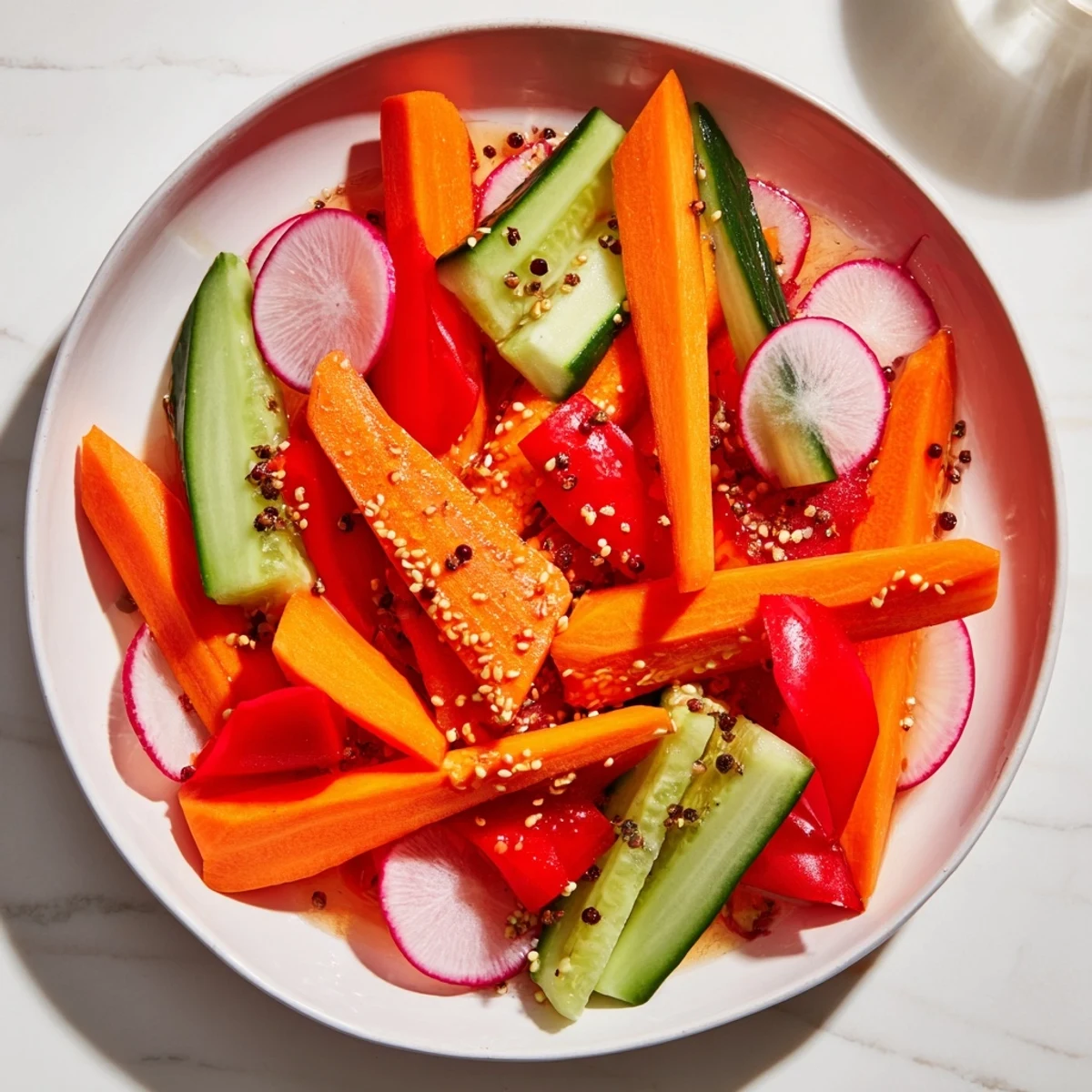 Close-up of vibrant Quick Pickled Veggie Sticks, a healthy snack, brimming in a glass jar, beautifully presented.