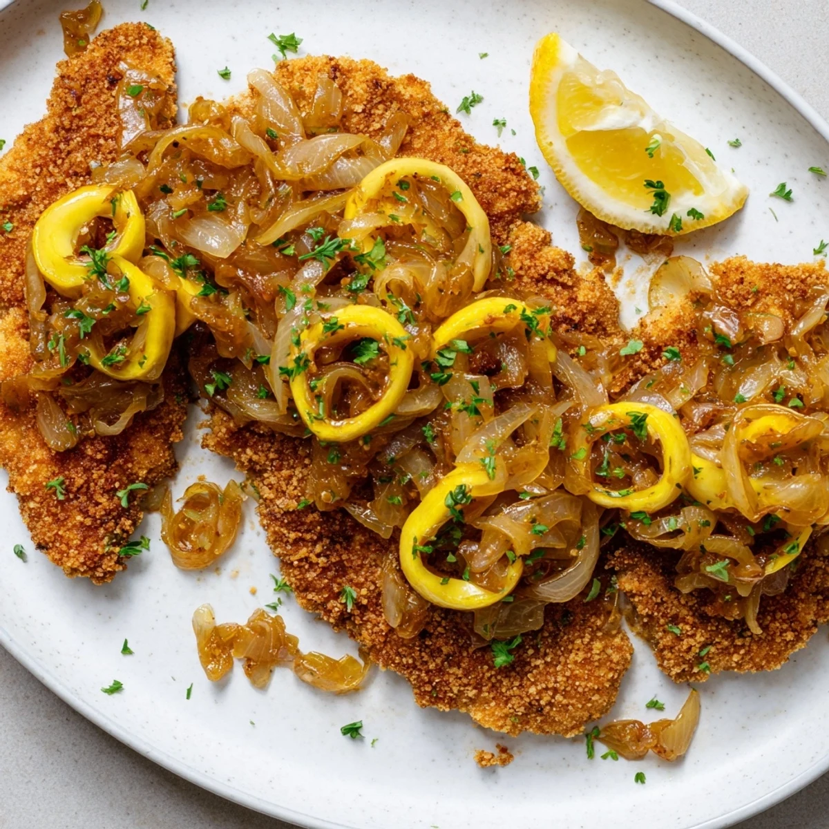 Crispy golden Caramelized Onion Schnitzel topped with sweet onions and a sprinkle of fresh parsley.