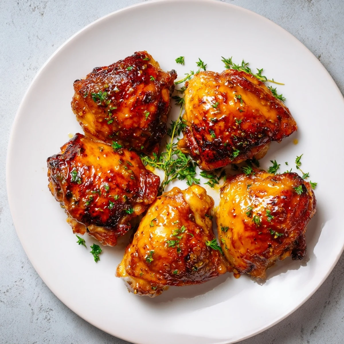 Close-up of succulent Bavarian Sweet Mustard Chicken, showing the beautiful brown glaze and herbs.