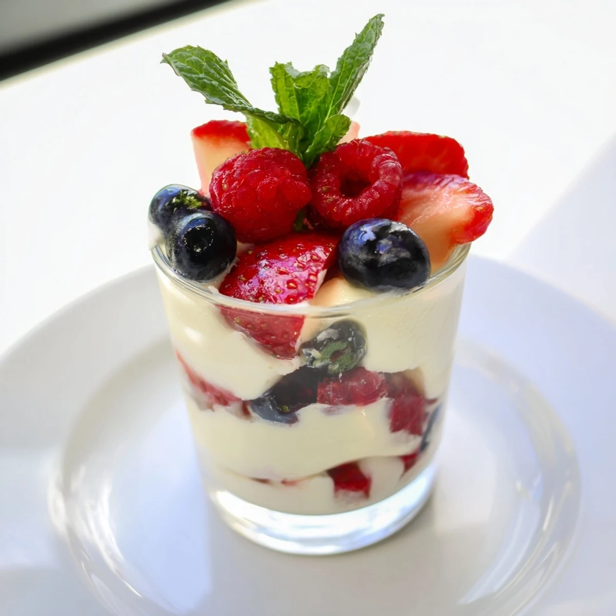 Fresh Berry Bavarian Yogurt Cups, a layered dessert with vibrant berries and creamy yogurt.