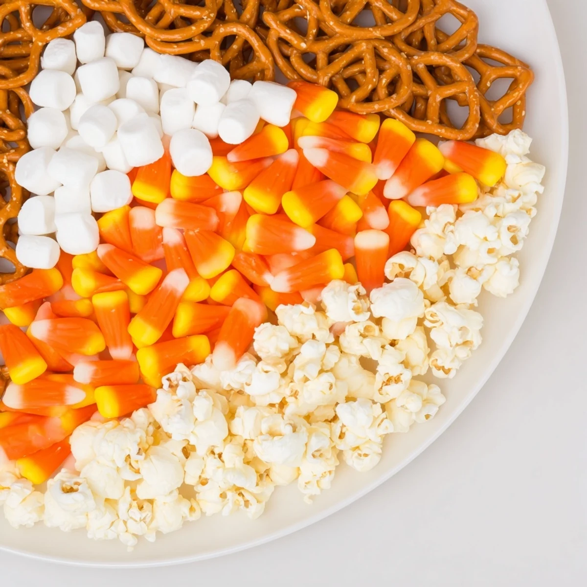 A vibrant Candy Corn Spooky Board arranged with colorful candy, cheese, and fruit for Halloween snacking.