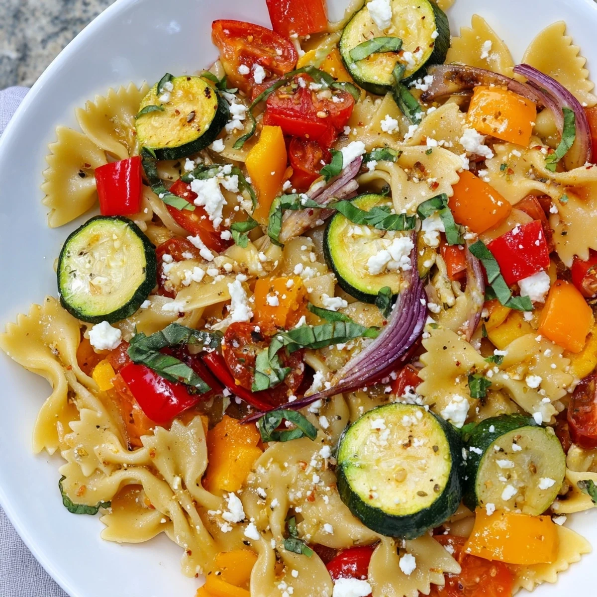 Vivid close-up of a bowl filled with the delicious Festive Bow Tie Pasta dish.