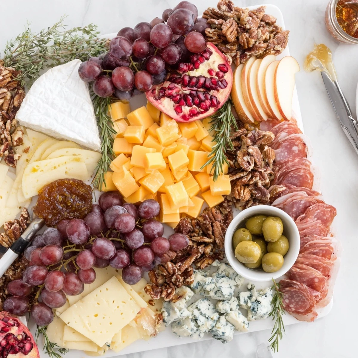 Jingle Bell Cheese Board—a vibrant cheese arrangement with fruits, nuts, and crackers, ready to serve.