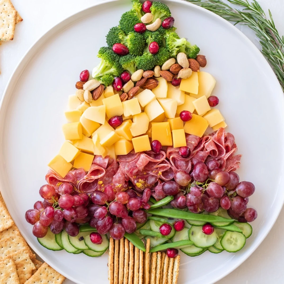 A beautifully arranged evergreen tree snack board, offering a delicious assortment of party snacks.