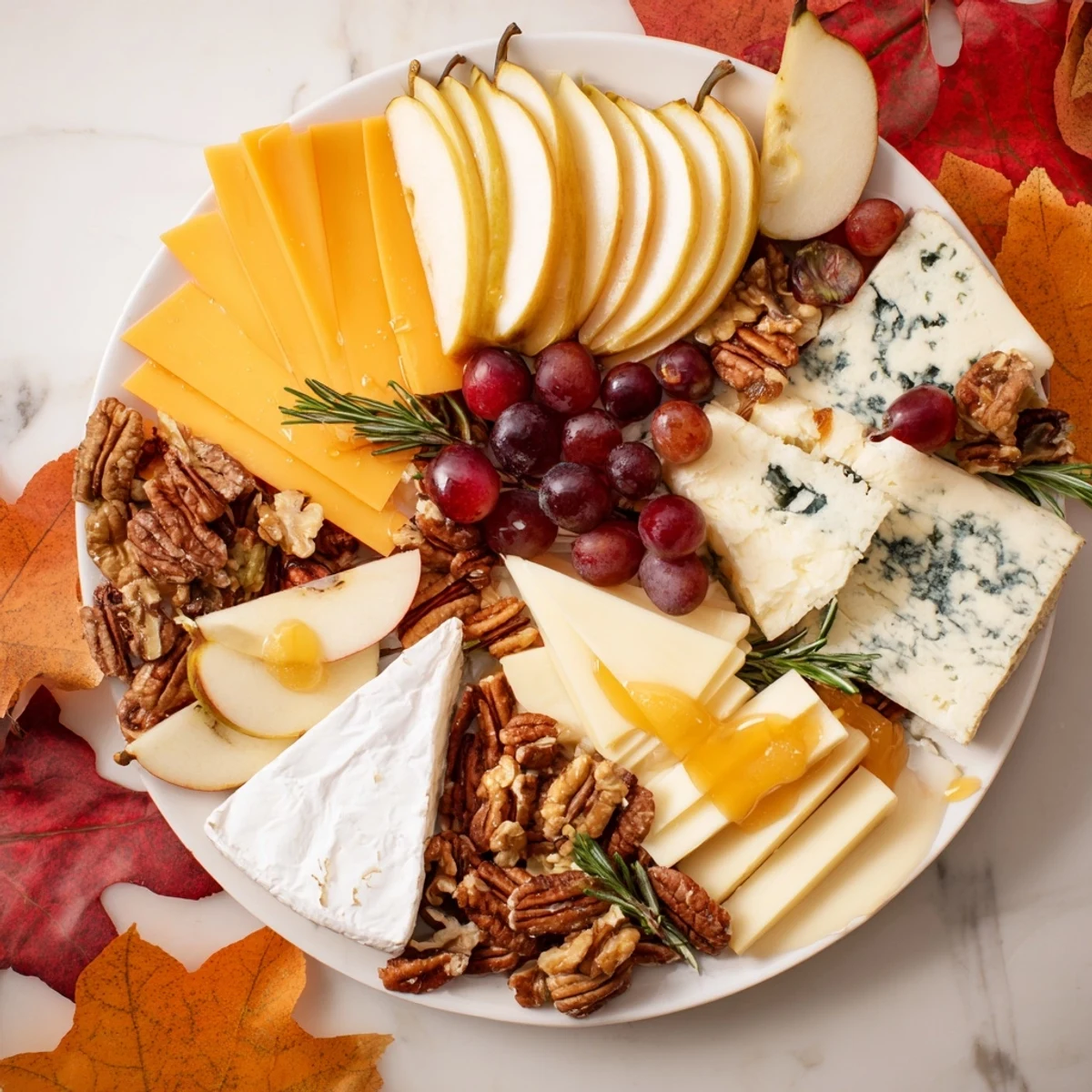 A beautiful Autumn Leaf Cheese Platter, offering a delightful array of cheeses and seasonal fruits.