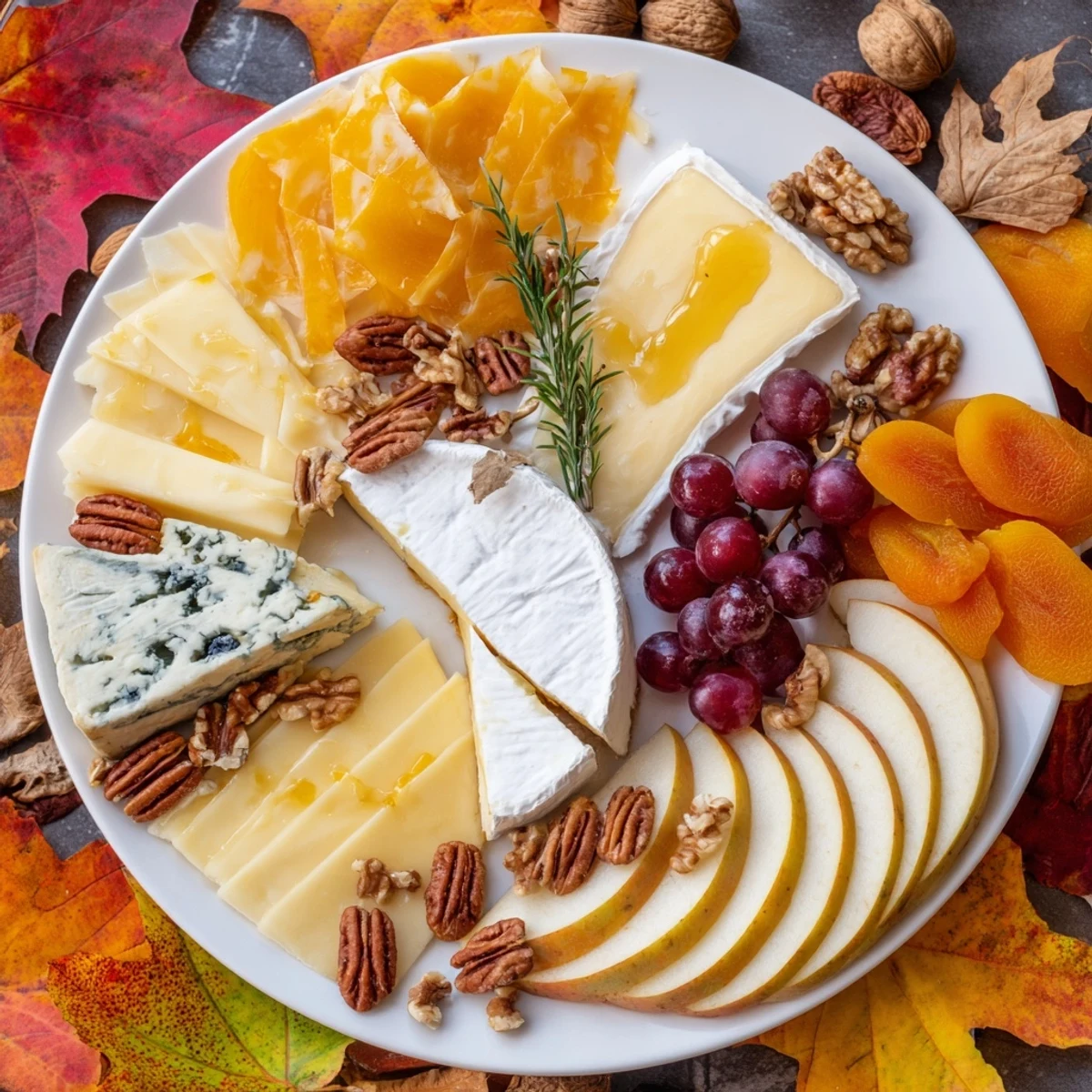 Elegant Autumn Leaf Cheese Platter, ready to serve with a variety of cheeses and festive autumn decor.