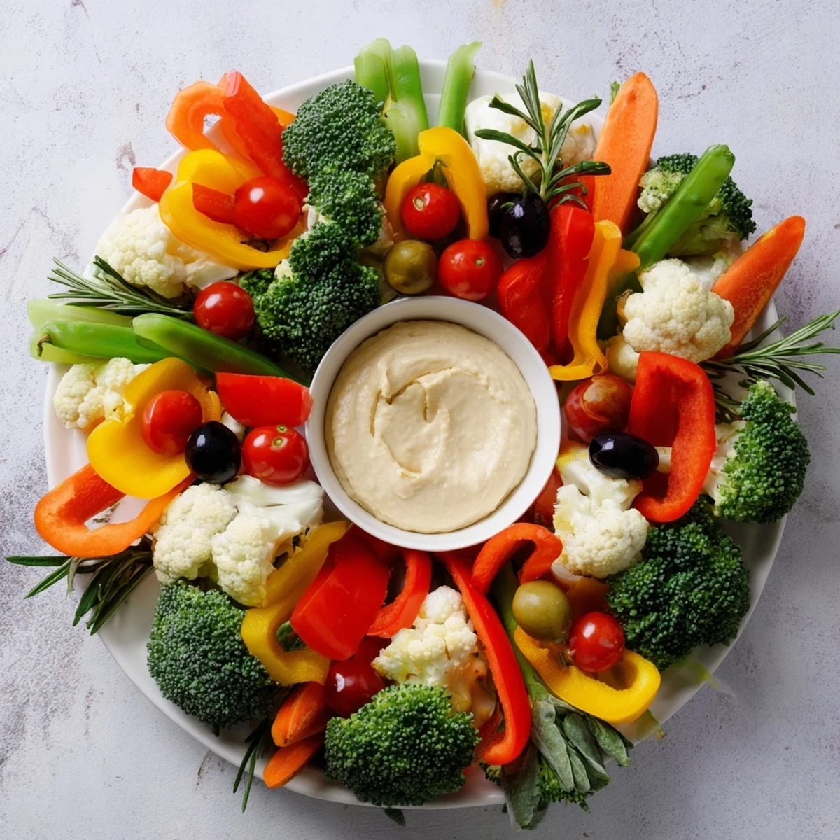 Bright holiday Garland Veggie Wreath featuring colorful vegetables and fresh rosemary sprigs, perfect for any gathering.
