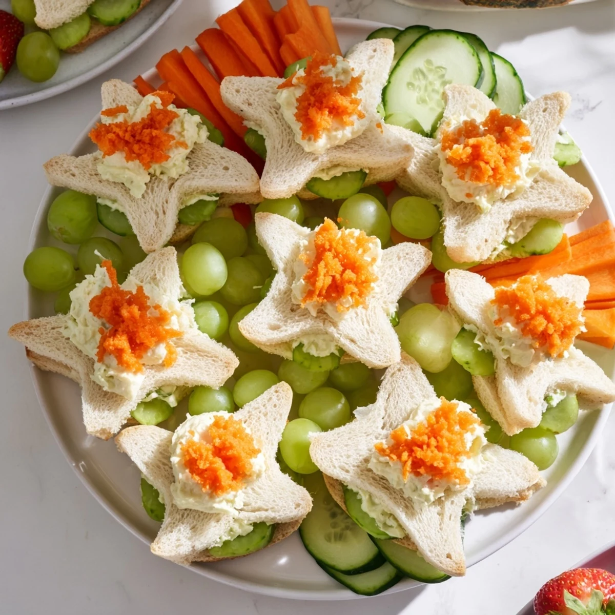 A close-up of a Beach Day Starfish snack spread features starfish sandwiches and crunchy snacks.