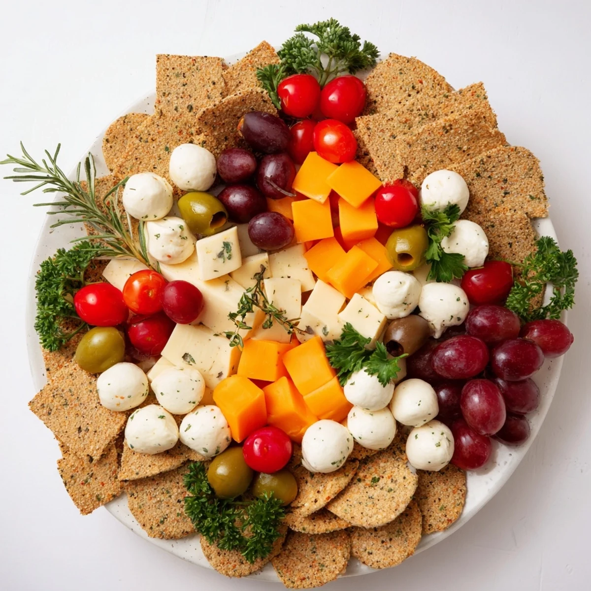 Jingle Bell Cheese & Cracker Wreath with vibrant green herbs and colorful cheeses.
