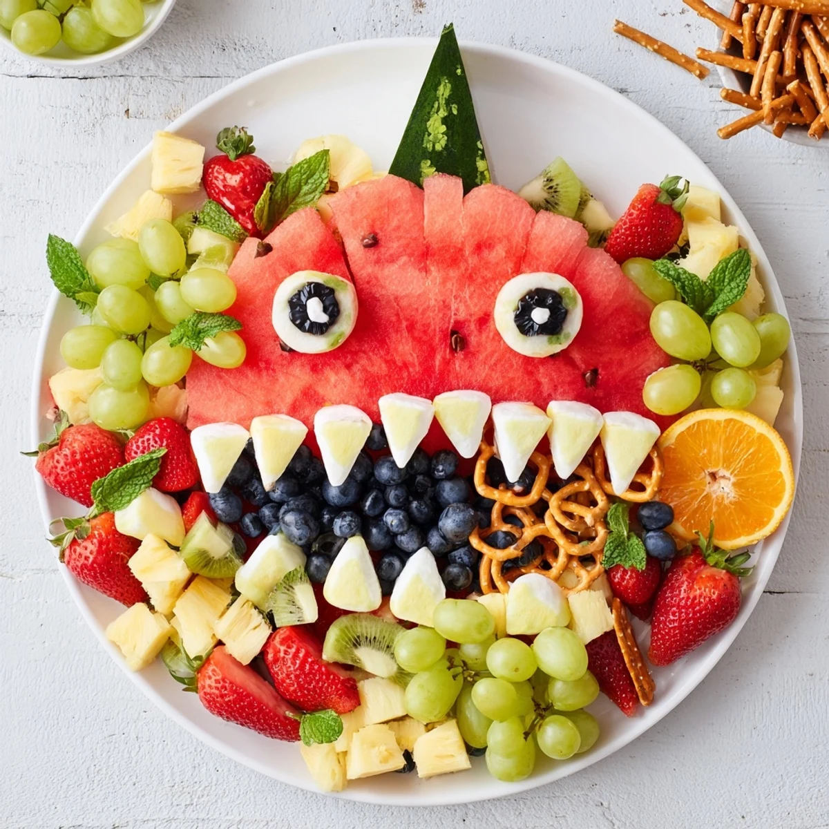 Vibrant Watermelon Wave Shark Snack Board overflowing with juicy fruit and crunchy snacks, perfect for summer.