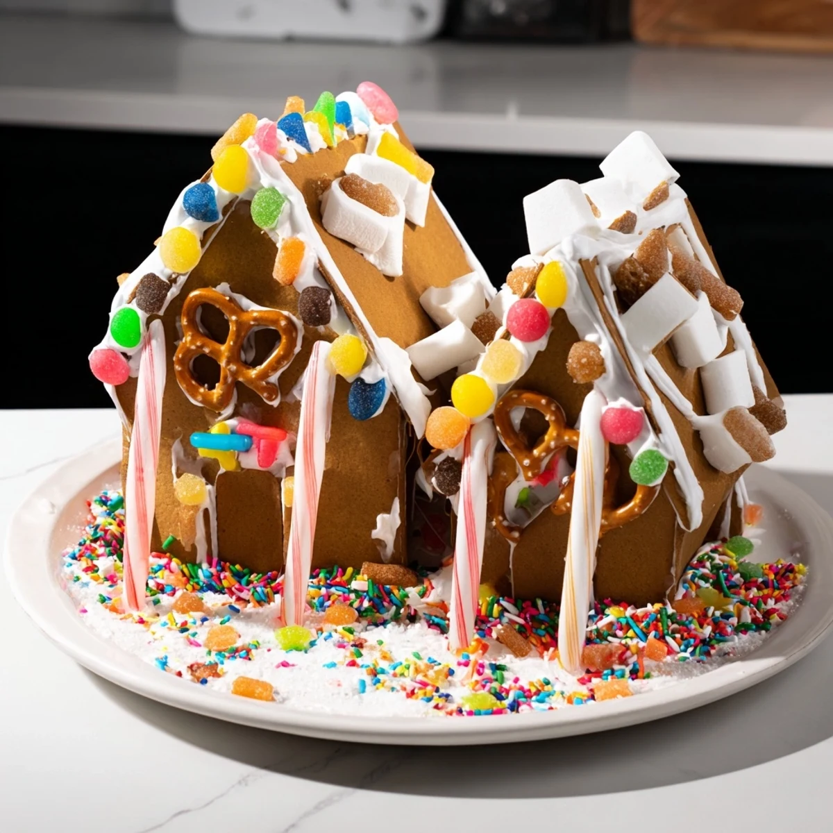 Festive gingerbread house, assembled and adorned with colorful candies for holiday cheer.