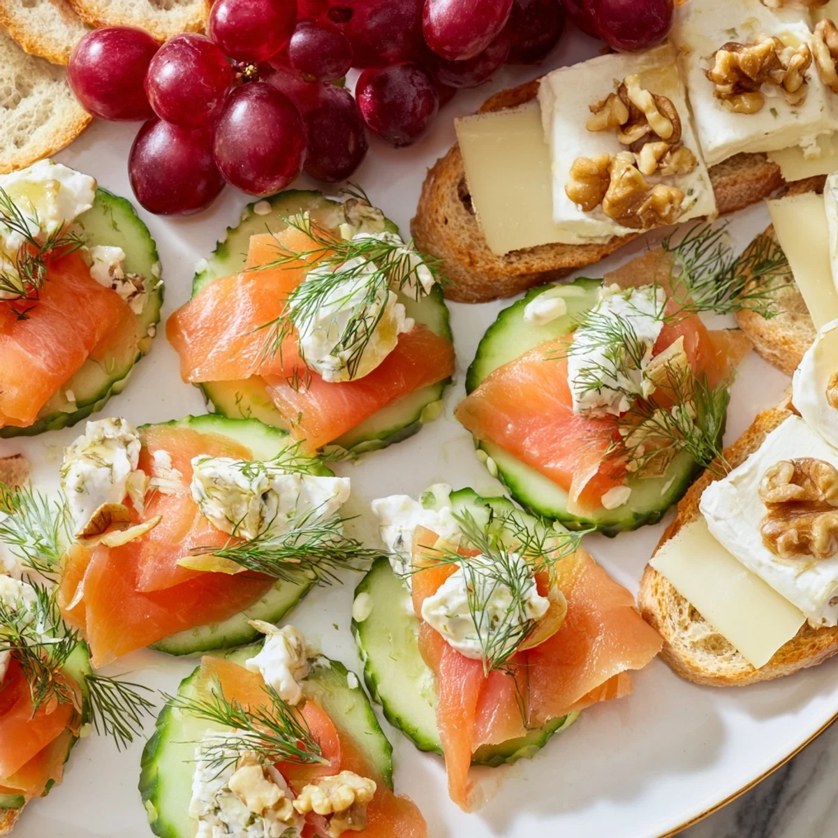 Delectable Champagne pairings, inviting you to enjoy brie-topped baguette rounds and fresh fruit bites.