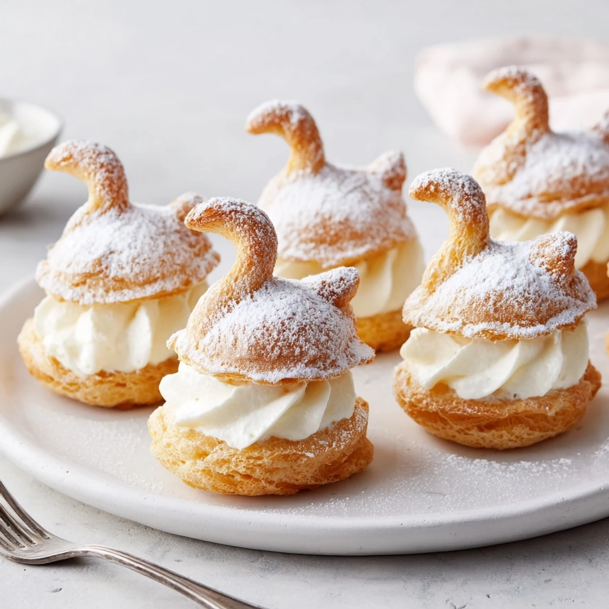 Delectable photo of Elegant Swan Mini Pastries, showing beautiful vanilla cream filling and powdered sugar.