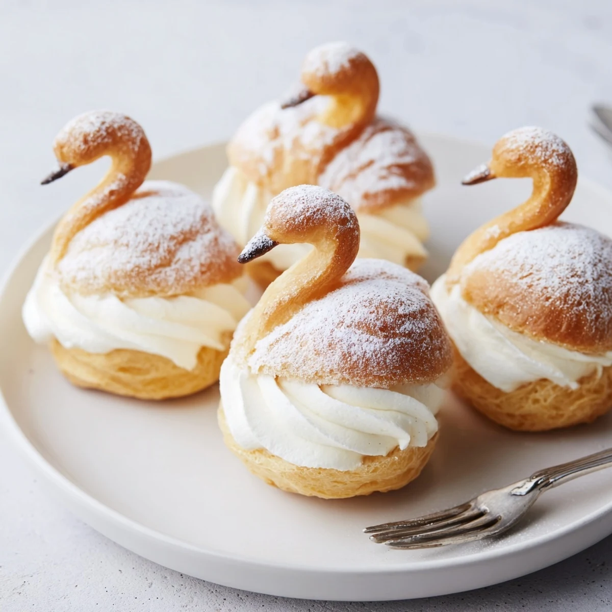Close-up of golden-baked Elegant Swan Mini Pastries with a luscious cream filling, ideal for dessert.