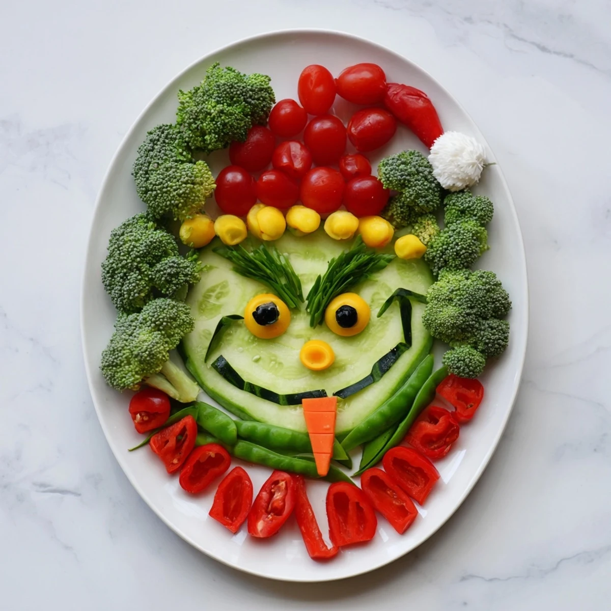 Creative Grinch Face Veggie Platter, a festive, healthy appetizer with colorful vegetables and dip.