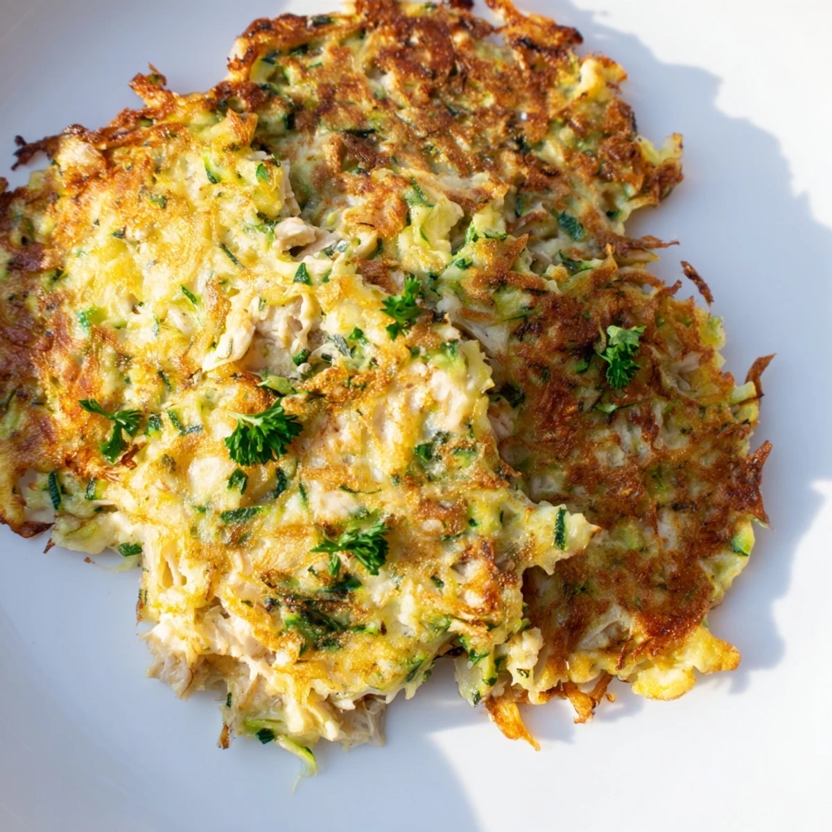 Golden-brown High-Protein Chicken Zucchini Fritters sizzling in a skillet, ready for a healthy meal.