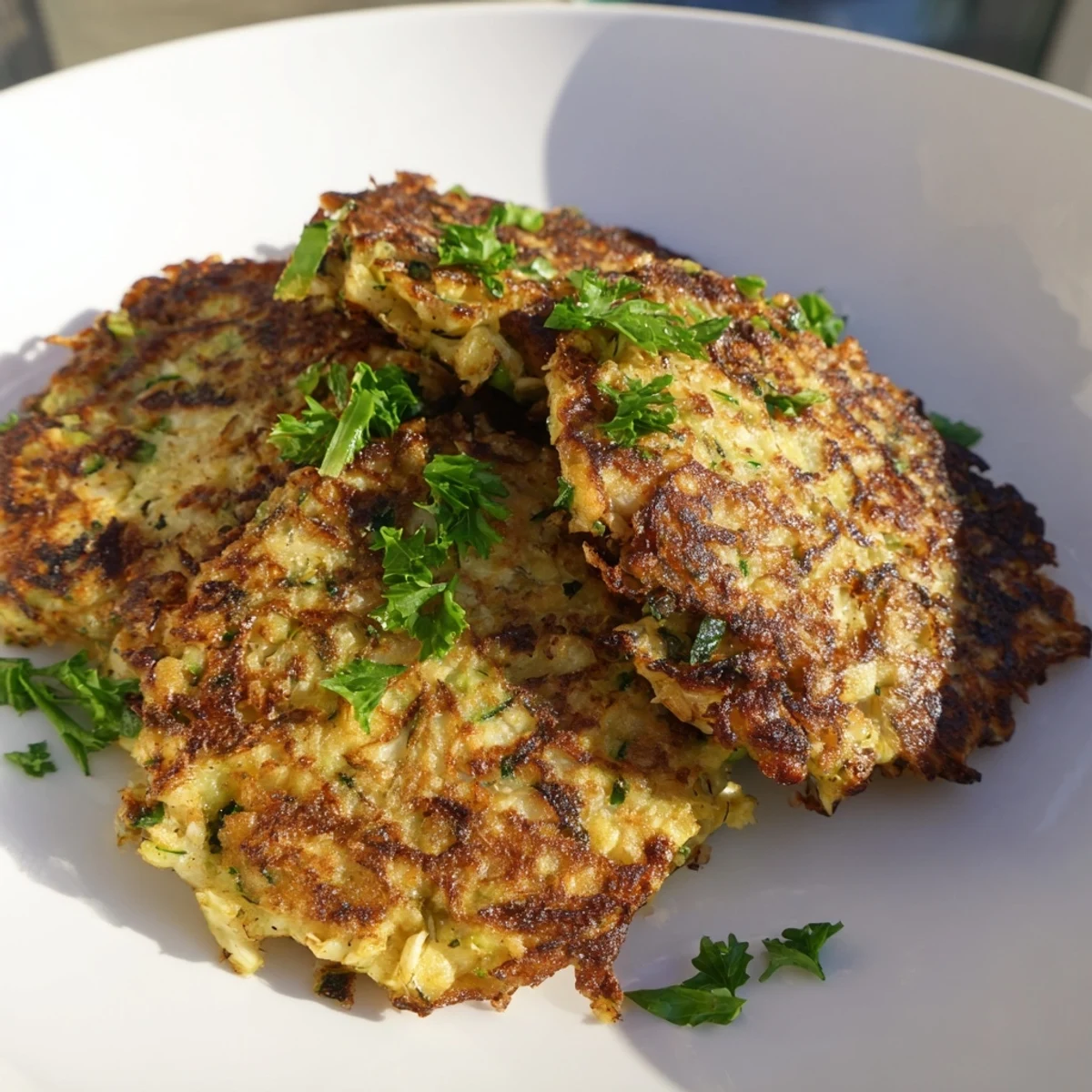 Stacked, cooked High-Protein Chicken Zucchini Fritters, showing their texture and ready for serving with yogurt.