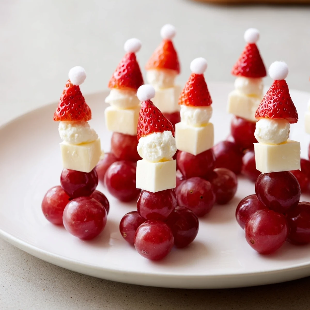 Delicious and Simple Santa Hat Fruit and Cheese Platter ready to serve for a holiday appetizer.