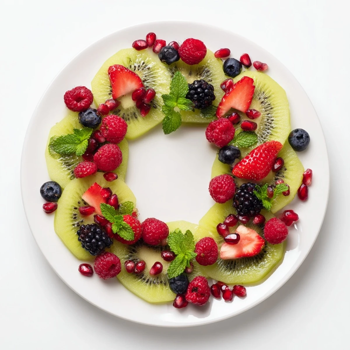 A vibrant Fruit Plate: Kiwi and Berry Holiday Wreath with colorful berries and kiwi slices.