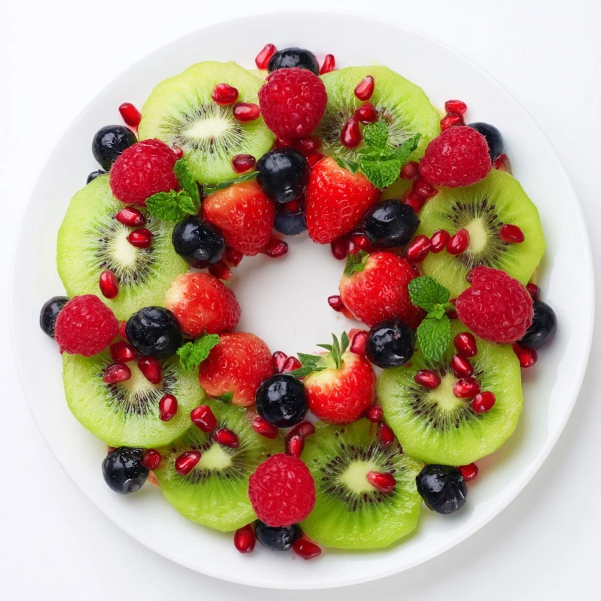 This festive image displays a beautiful Fruit Plate: Kiwi and Berry Holiday Wreath ready to serve.