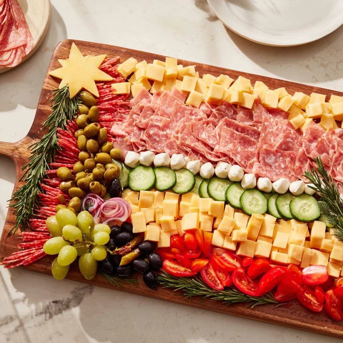 A delicious Christmas Tree Charcuterie Board with colorful layers of meats, cheeses, and fresh ingredients.