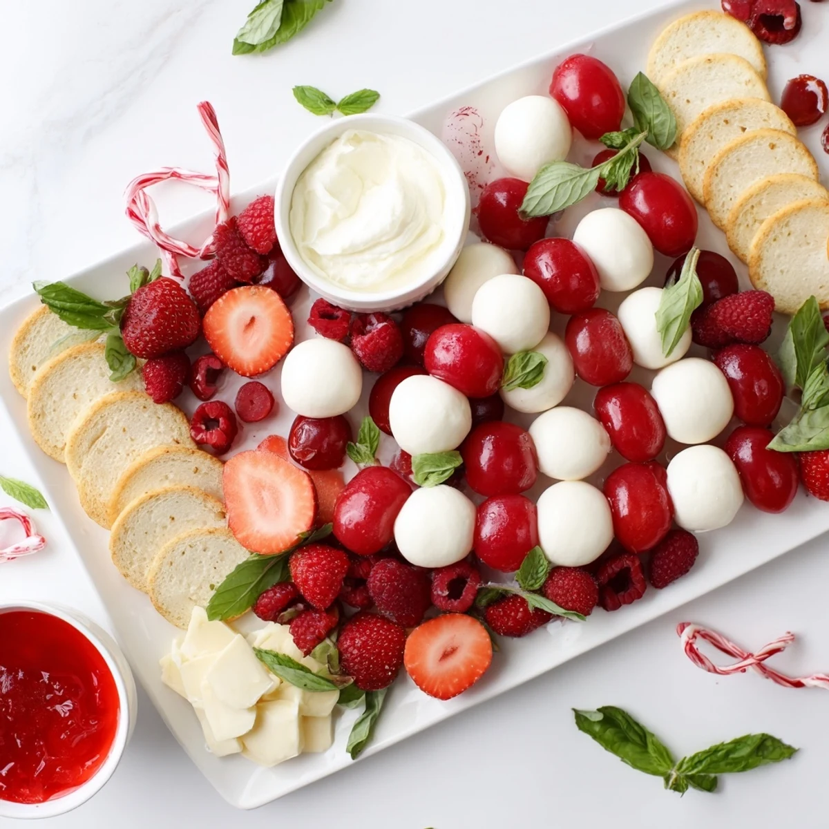 Festive Red and White Candy Cane Snack Board, a delightful mix of sweet and savory holiday flavors.
