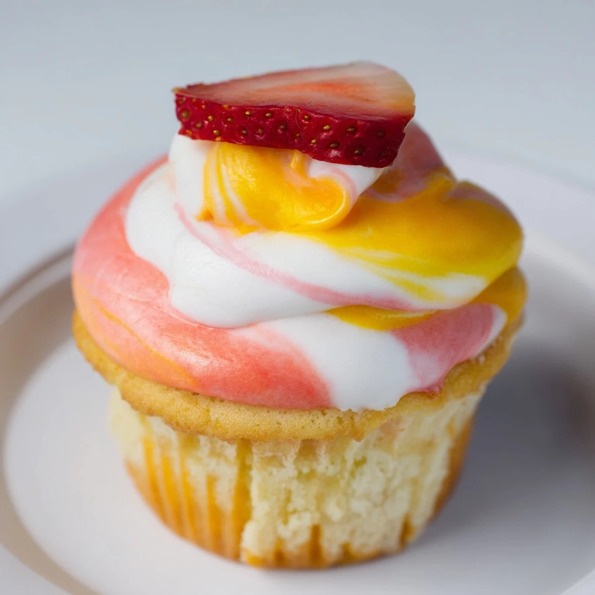 A vibrant close-up of Mango Strawberry Sunset Cupcakes with colorful sunset swirl frosting and fruit garnishes.