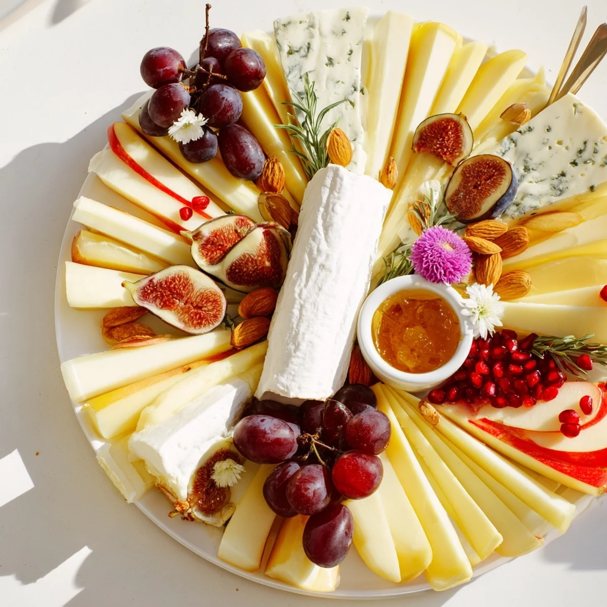 Elegant Star of Bethlehem Cheese Platter: a feast of artisanal cheeses and fresh fruit arranged beautifully.