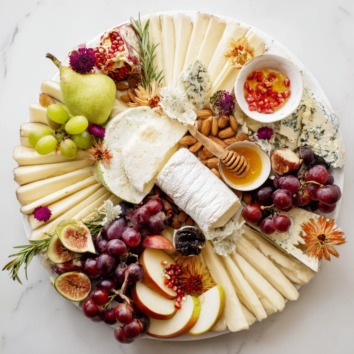 Appetizing Star of Bethlehem Cheese Platter with honey and almonds, ready for serving guests.