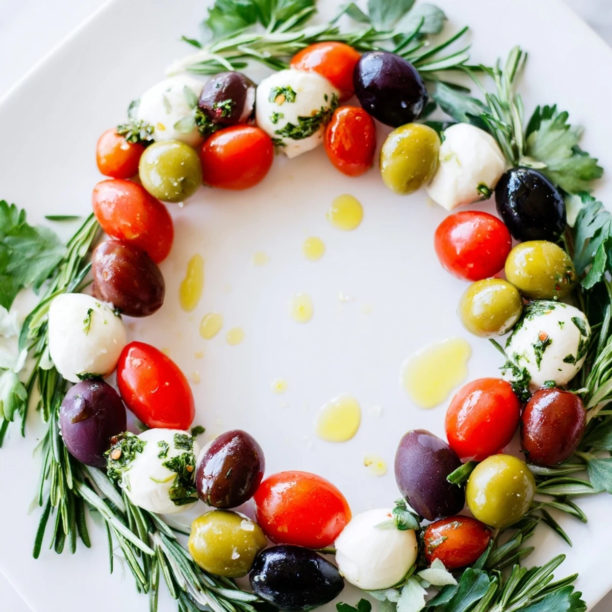 Festive Appetizer Wreath of olives and cherry tomatoes, ready to serve for a holiday gathering.