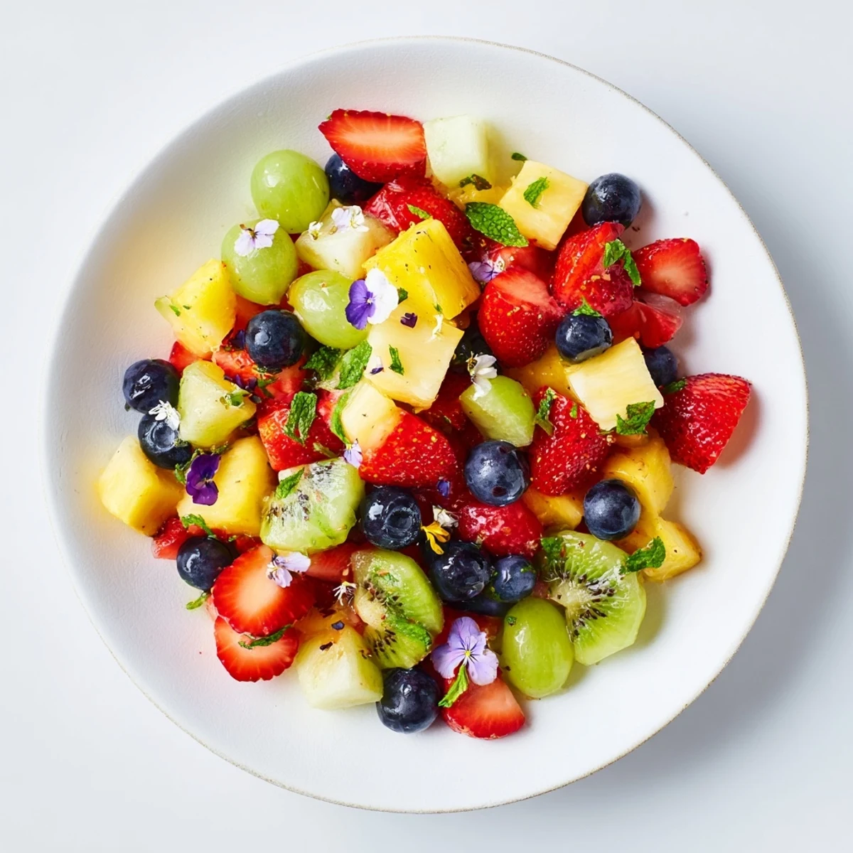 A close-up of a refreshing Festive Bow Fruit Medley, glistening with lime dressing, ready to eat.