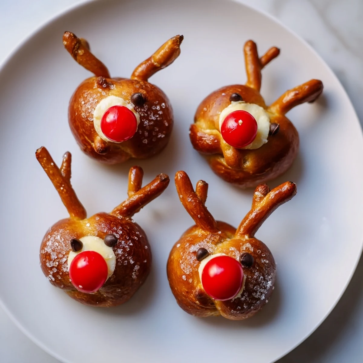 Rudolfs Red Nose Pretzel Bites: A close-up of festive pretzel bites with a cream cheese filling and red candy noses.