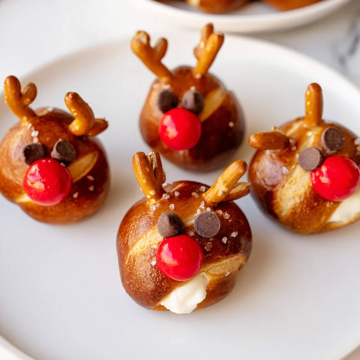 Savory Rudolfs Red Nose Pretzel Bites with melted cheese, adorned with pretzel antlers and sweet red noses.